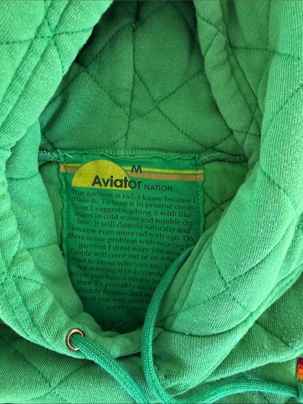Aviator Nation Bright Green Quilted Hoodie with Multicolor N Logo - Picture 4 of 4